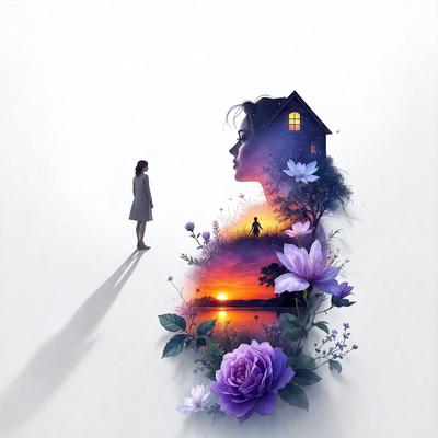 The primary subject of the image is a woman, who is the main focus of the scene. She is standing in front of a house, which serves as the setting or background of the image. The visual style of the image is digital art, as it features a colorful and detailed illustration of the woman. The colors and mood of the image are vibrant and lively, with the woman's shadow and the surrounding flowers adding depth and interest to the composition.